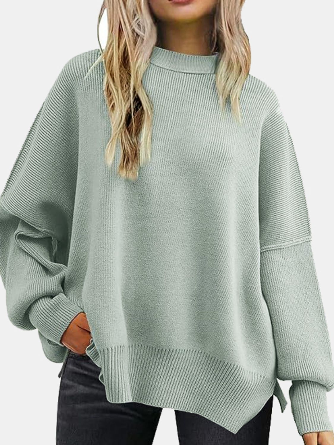 Round Neck Drop Shoulder Slit Sweater - Charming Charlie