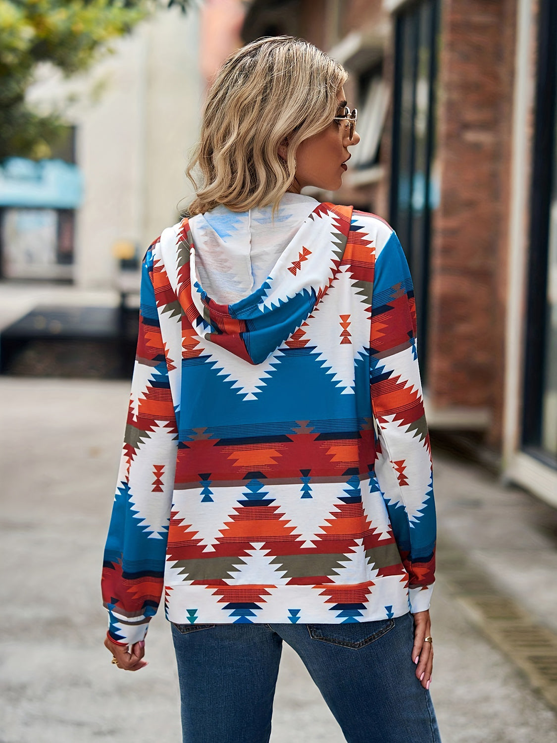 Geometric Zip Up Long Sleeve Hooded Jacket - Charming Charlie