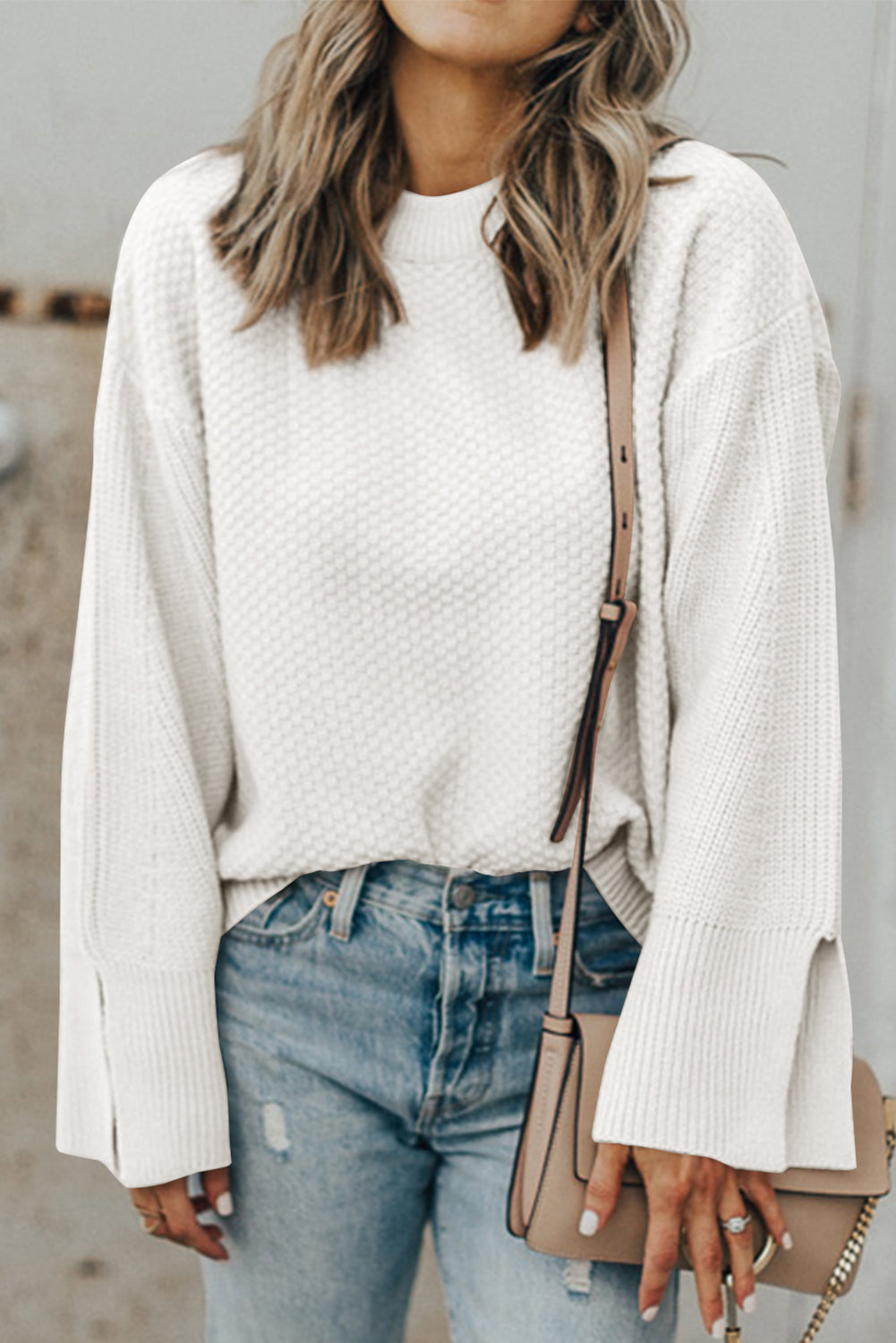 Textured Round Neck Long Sleeve Sweater - Charming Charlie