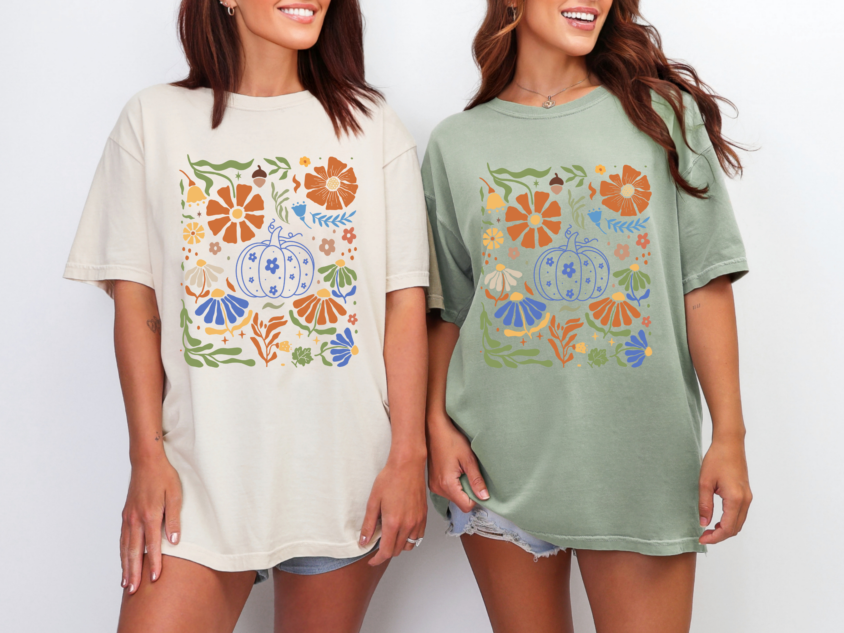 Blue Floral Pumpkin Graphic Tee in Two Colors - Charming Charlie
