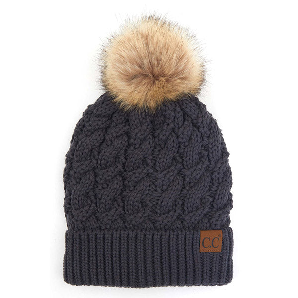 C.C Cable Ribbed Beanie Natural Plush Faux Fur Pom Pom Hat - DarkGray - Beanies