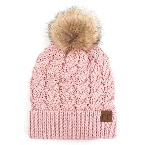 C.C Cable Ribbed Beanie Natural Plush Faux Fur Pom Pom Hat - Rose - Beanies