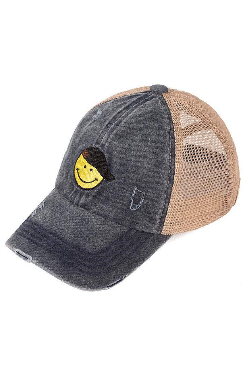 Navy C.C Glitter Smiley Patch Kids Pony Cap combines playful style with practical design. Featuring a sparkling glitter smiley patch, it adds a fun, cheerful touch to any outfit. The ponytail-friendly opening ensures comfort and convenience for active kids, making it ideal for everyday wear or outdoor activities. Crafted for durability and a secure fit, this cap keeps young wearers cool and stylish all day long.