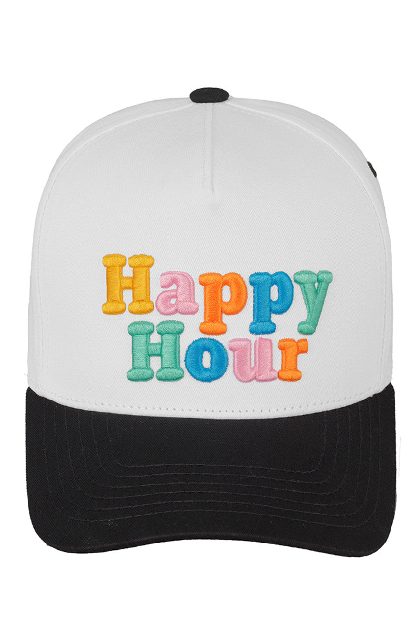 Black-White C.C HAPPY HOUR Embroidered Trucker Cap combines classic trucker style with detailed embroidery for a polished look. Its breathable mesh back ensures comfort during extended wear, while the adjustable snap closure provides a customizable fit. Ideal for casual outings or outdoor activities, this cap offers both style and functionality for everyday use.