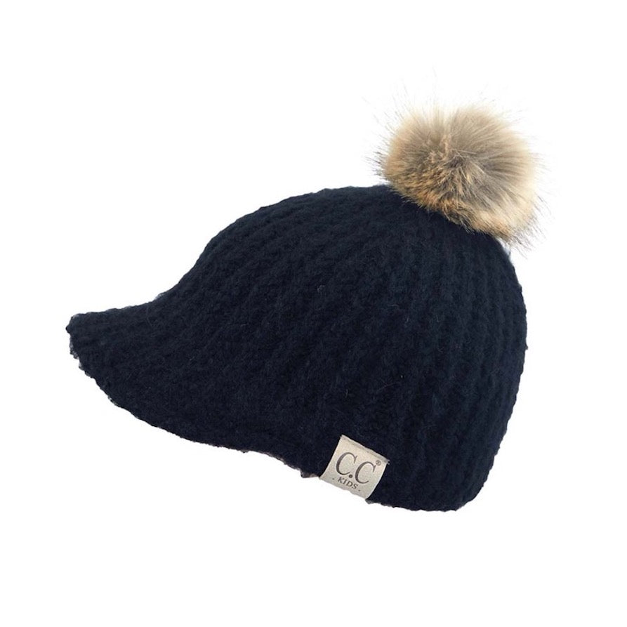 Black C.C Kids Cable Knitted Brim Beanie Faux Fur Pom Pom Warm Winter Hat; reach for this classic toasty hat to keep you nice and warm in the chilly winter weather, the wintry touch finish to your outfit. Perfect Gift Birthday, Christmas, Holiday, Anniversary, Stocking Stuffer, Secret Santa, Valentine's Day, Loved One, BFF