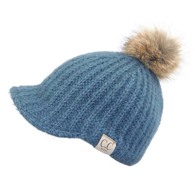 Steel Blue C.C Kids Cable Knitted Brim Beanie Faux Fur Pom Pom Warm Winter Hat; reach for this classic toasty hat to keep you nice and warm in the chilly winter weather, the wintry touch finish to your outfit. Perfect Gift Birthday, Christmas, Holiday, Anniversary, Stocking Stuffer, Secret Santa, Valentine's Day, Loved One, BFF