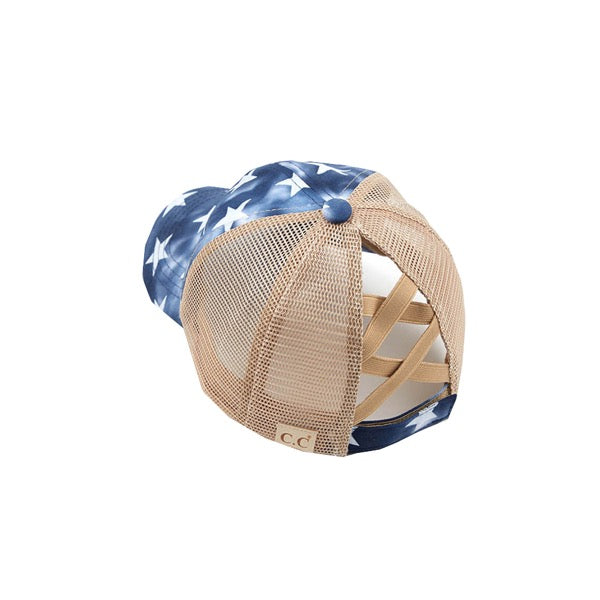 Navy Kids Tie Dye Star Flag Ponycap, comfy kids' cap great for a bad hair day, pull your bun or ponytail thru the back opening, great for keeping your hair away from face while exercising, running, playing sports or just taking a walk. Perfect Birthday Gift, Mother's Day Gift, Anniversary Gift, Thank you Gift, Graduation