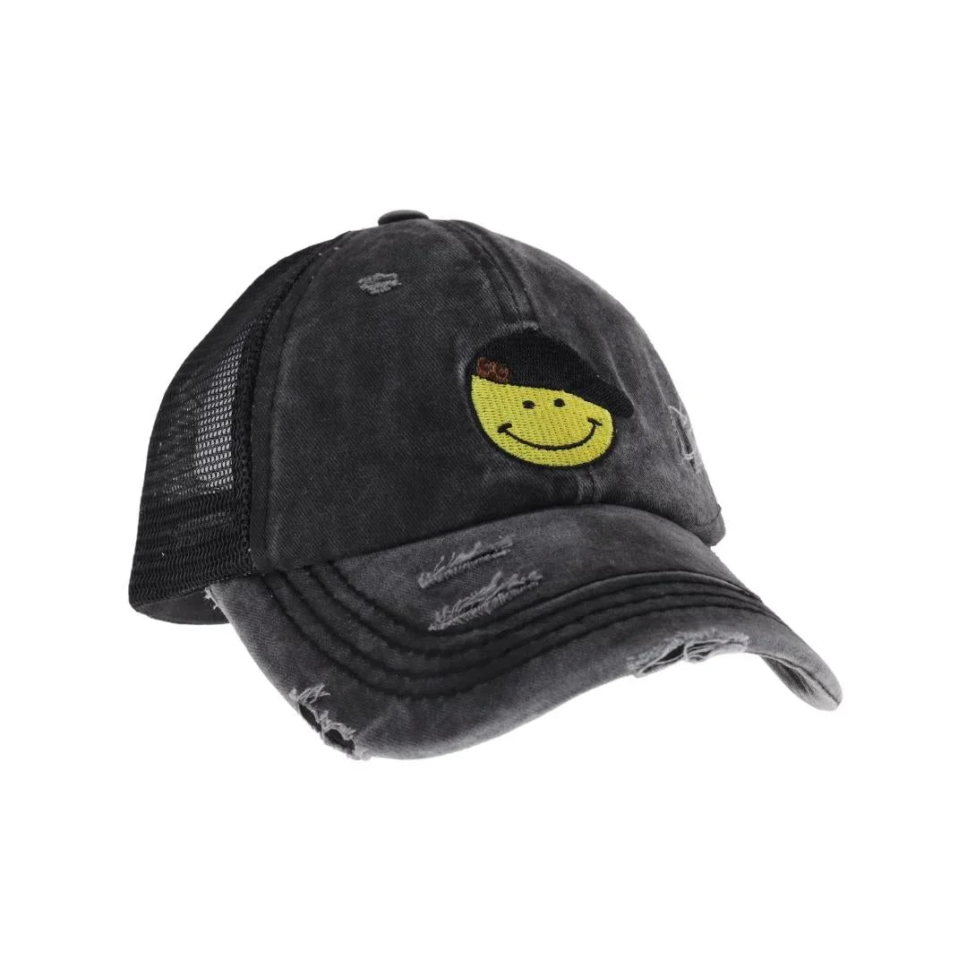 Black C.C Smiley Face Embroidered Criss Cross High Pony C.C Ball Cap combines practical design with playful style. Featuring an embroidered smiley face and a criss-cross opening at the back, this cap is tailored to comfortably fit high ponytails. Made from durable, breathable fabric, it ensures a secure fit and all-day comfort, making it an excellent choice for active lifestyles or casual wear. This cap offers a smart solution for those who want to keep their hair up without sacrificing style.