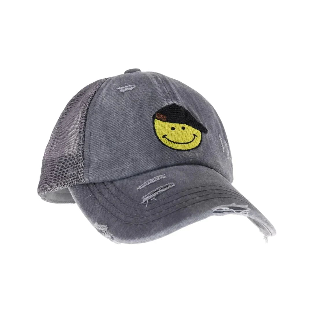 Grey C.C Smiley Face Embroidered Criss Cross High Pony C.C Ball Cap combines practical design with playful style. Featuring an embroidered smiley face and a criss-cross opening at the back, this cap is tailored to comfortably fit high ponytails. Made from durable, breathable fabric, it ensures a secure fit and all-day comfort, making it an excellent choice for active lifestyles or casual wear. This cap offers a smart solution for those who want to keep their hair up without sacrificing style.