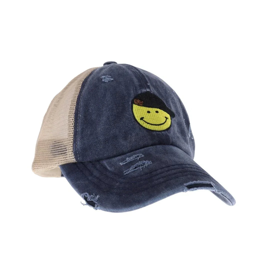 Navy C.C Smiley Face Embroidered Criss Cross High Pony C.C Ball Cap combines practical design with playful style. Featuring an embroidered smiley face and a criss-cross opening at the back, this cap is tailored to comfortably fit high ponytails. Made from durable, breathable fabric, it ensures a secure fit and all-day comfort, making it an excellent choice for active lifestyles or casual wear. This cap offers a smart solution for those who want to keep their hair up without sacrificing style.