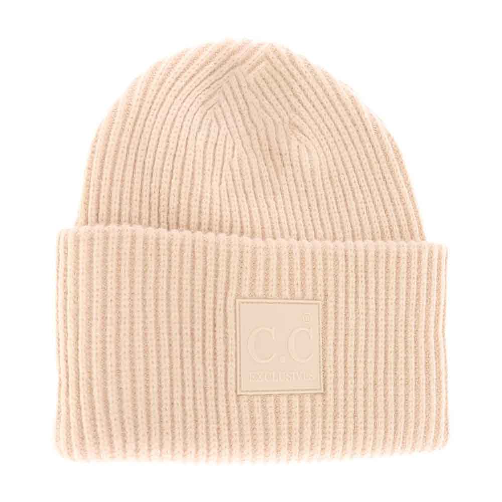 New_Beige C.C Solid Ribbed Knit Beanie With Rubber Patch Comfy Warm Winter Hat; reach for this classic toasty hat to keep you nice n warm in the chilly winter weather, the wintry touch finish to your outfit. Perfect Gift Birthday, Christmas, Holiday, Anniversary, Stocking Stuffer, Secret Santa, Valentine's Day, Loved One, BFF