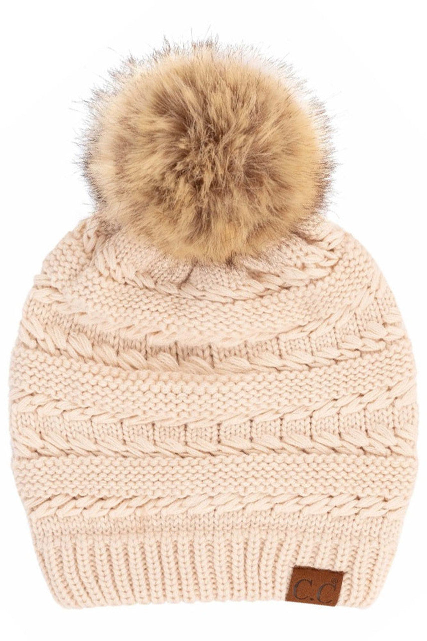 C.C Tilted Whip Stitch Slouch Beanie Faux Fur Pom Pom Hat - Beige - Beanies