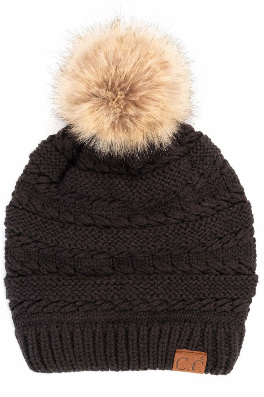 C.C Tilted Whip Stitch Slouch Beanie Faux Fur Pom Pom Hat - Black - Beanies