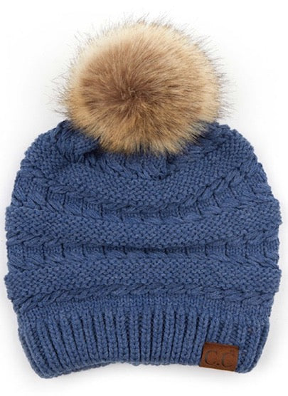 Heather Denim C.C Decorative Tilted Whip Stitch Slouch Beanie Fur Pom Pom Winter Hat; reach for this classic toasty hat to keep you nice n warm in the chilly winter weather, the wintry touch finish to your outfit. Perfect Gift Birthday, Christmas, Holiday, Anniversary, Stocking Stuffer, Secret Santa, Valentine's Day, Loved One, BFF