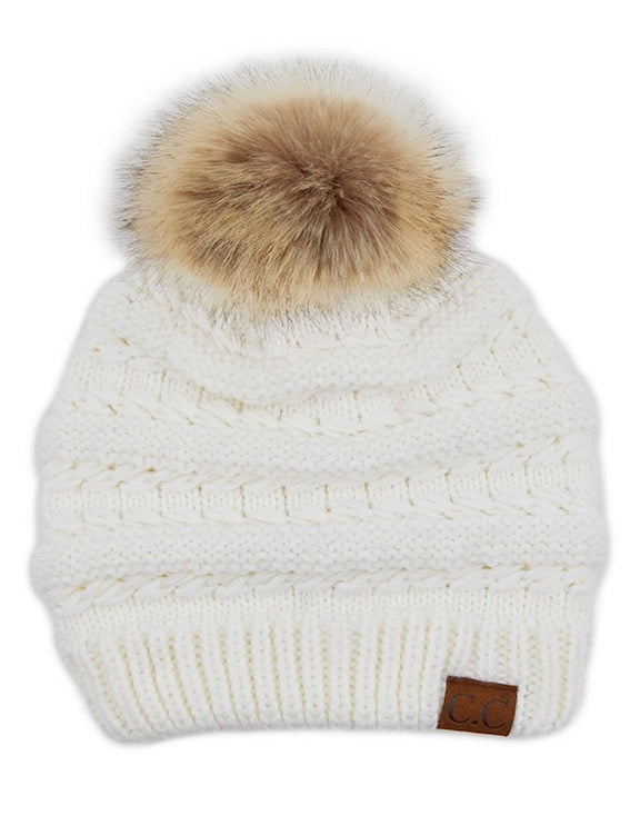 Ivory C.C Decorative Tilted Whip Stitch Slouch Beanie Fur Pom Pom Winter Hat; reach for this classic toasty hat to keep you nice n warm in the chilly winter weather, the wintry touch finish to your outfit. Perfect Gift Birthday, Christmas, Holiday, Anniversary, Stocking Stuffer, Secret Santa, Valentine's Day, Loved One, BFF