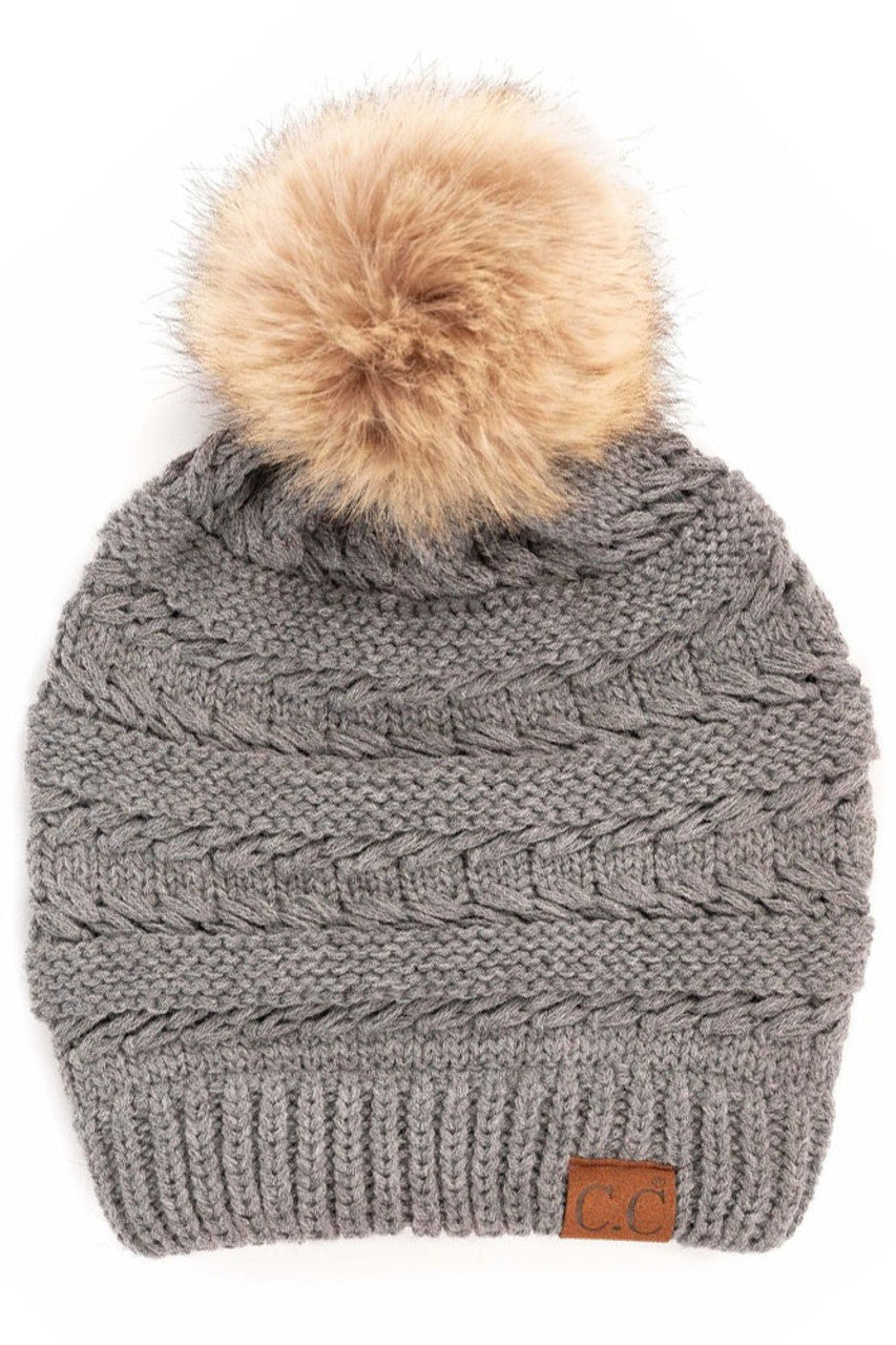 C.C Tilted Whip Stitch Slouch Beanie Faux Fur Pom Pom Hat - Light Melange Grey - Beanies