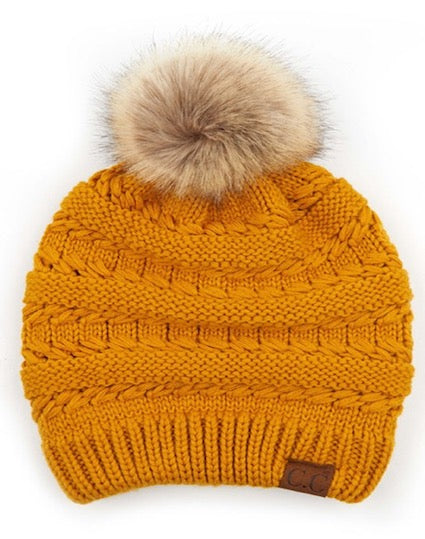 Mustard C.C Decorative Tilted Whip Stitch Slouch Beanie Fur Pom Pom Winter Hat; reach for this classic toasty hat to keep you nice n warm in the chilly winter weather, the wintry touch finish to your outfit. Perfect Gift Birthday, Christmas, Holiday, Anniversary, Stocking Stuffer, Secret Santa, Valentine's Day, Loved One, BFF
