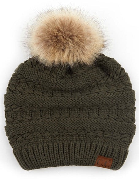 New Olive C.C Decorative Tilted Whip Stitch Slouch Beanie Fur Pom Pom Winter Hat; reach for this classic toasty hat to keep you nice n warm in the chilly winter weather, the wintry touch finish to your outfit. Perfect Gift Birthday, Christmas, Holiday, Anniversary, Stocking Stuffer, Secret Santa, Valentine's Day, Loved One, BFF
