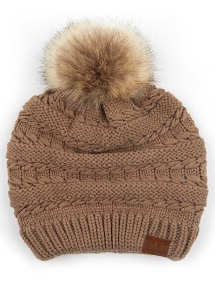 Taupe C.C Decorative Tilted Whip Stitch Slouch Beanie Fur Pom Pom Winter Hat; reach for this classic toasty hat to keep you nice n warm in the chilly winter weather, the wintry touch finish to your outfit. Perfect Gift Birthday, Christmas, Holiday, Anniversary, Stocking Stuffer, Secret Santa, Valentine's Day, Loved One, BFF