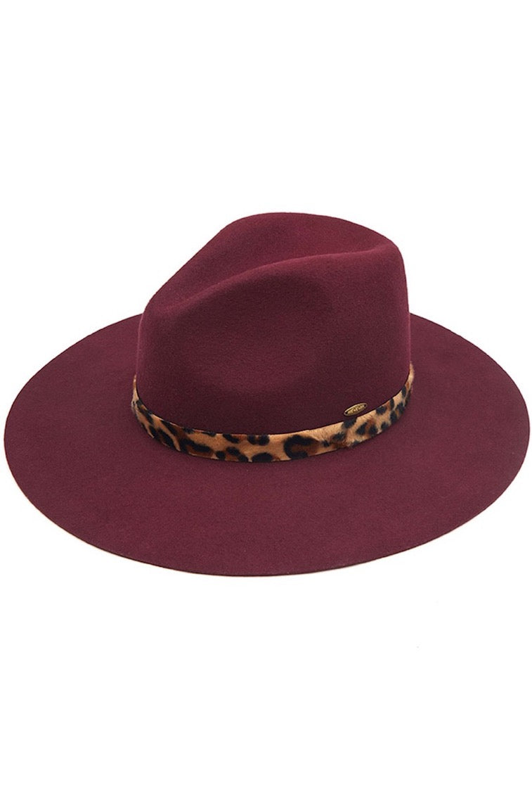 Berry C.C Wool Felt Brim Detail Panama Summer Hat With Leopard Pattern Trim; Unique, timeless & classic Summer Sun Fedora Hat has a leopard strap trim accent. Trendy Birthday, Holiday Gift, Christmas Gift, Regalo de Navided, Bad hair days, casual everyday wear, Anniversary Gift, Fall Outfit, Cool Fashion Fedora, Valentine's Day Gift