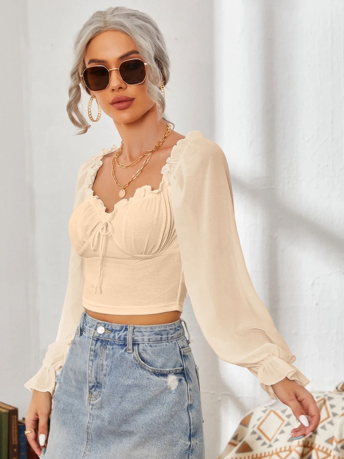 Mesh Sweetheart Neck Flounce Sleeve Top - Charming Charlie