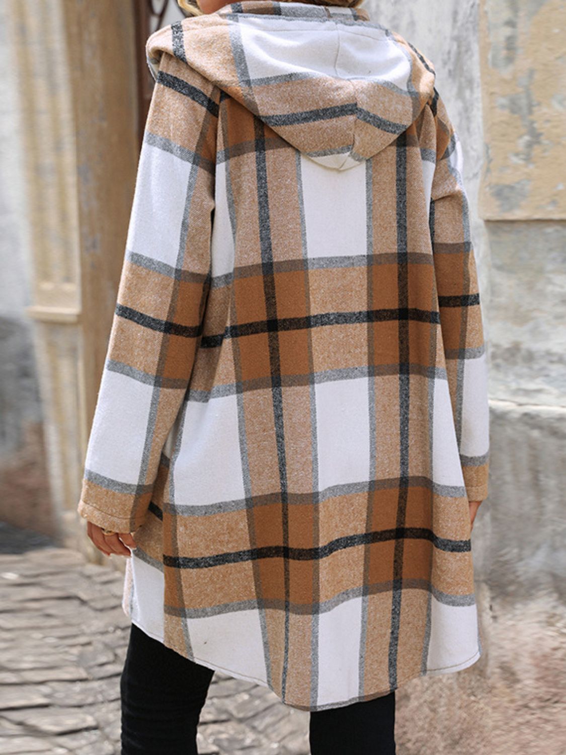 Drawstring Plaid Zip Up Long Sleeve Hooded Outerwear - Charming Charlie