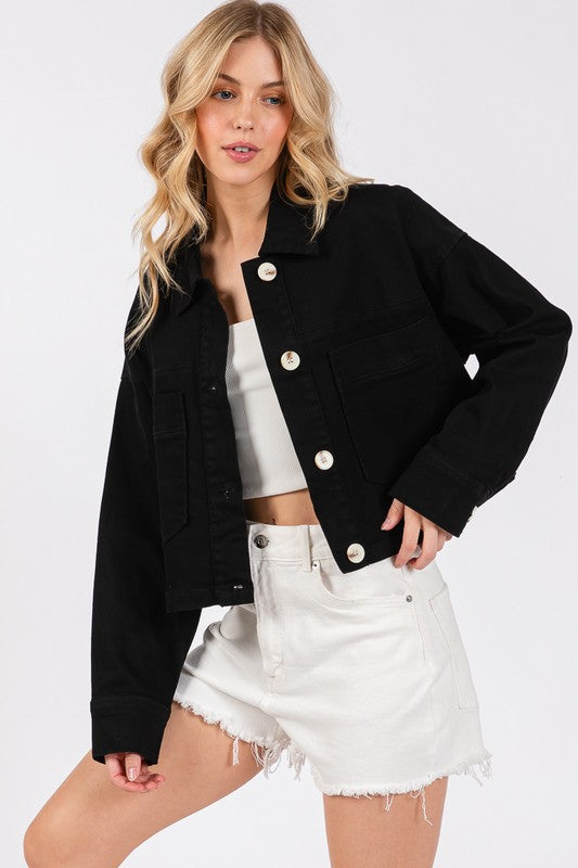 Pocketed Button Down Collared Neck Denim Jacket main image 1