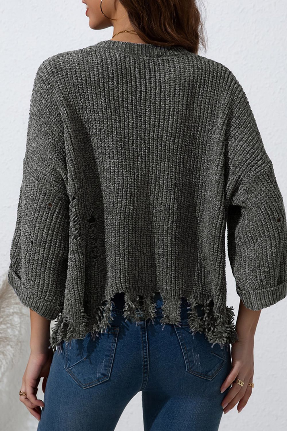 Distressed Round Neck Drop Shoulder Sweater - Charming Charlie