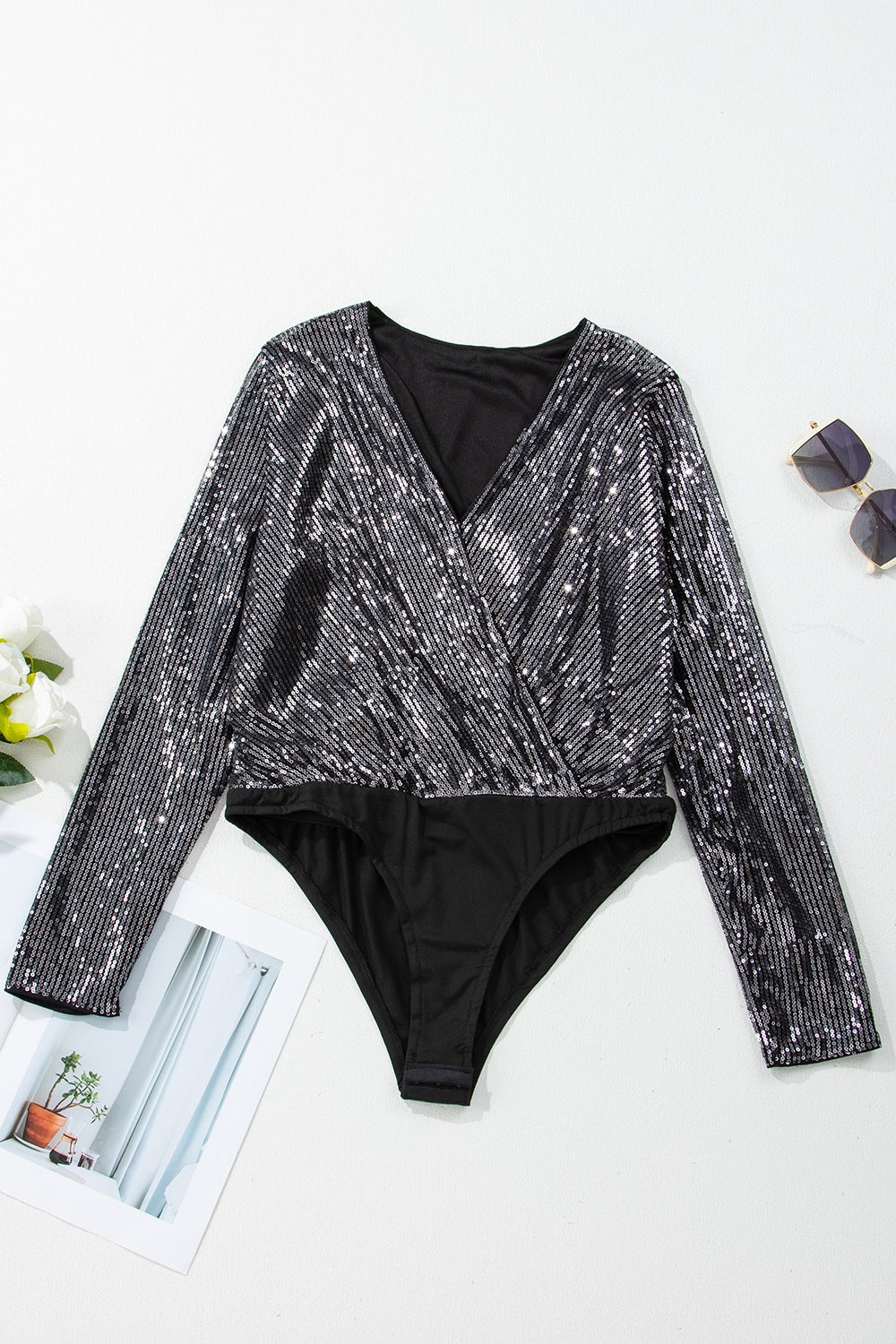 Sequin Surplice Long Sleeve Bodysuit - Charming Charlie