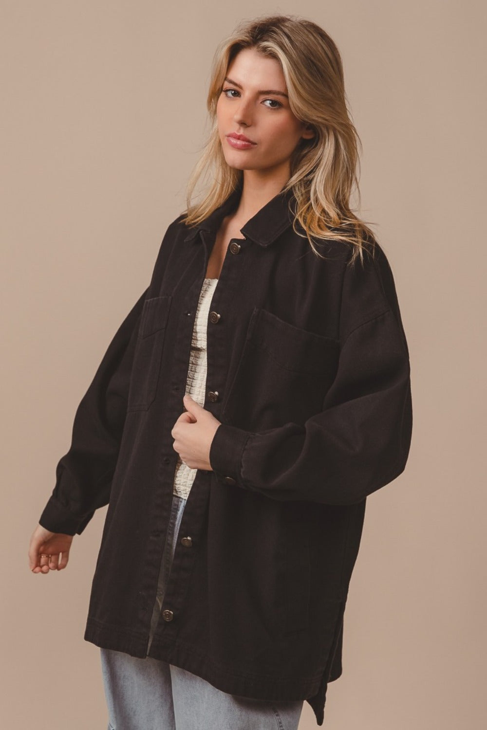 BiBi Button Up Washed Jacket with Pockets - Charming Charlie