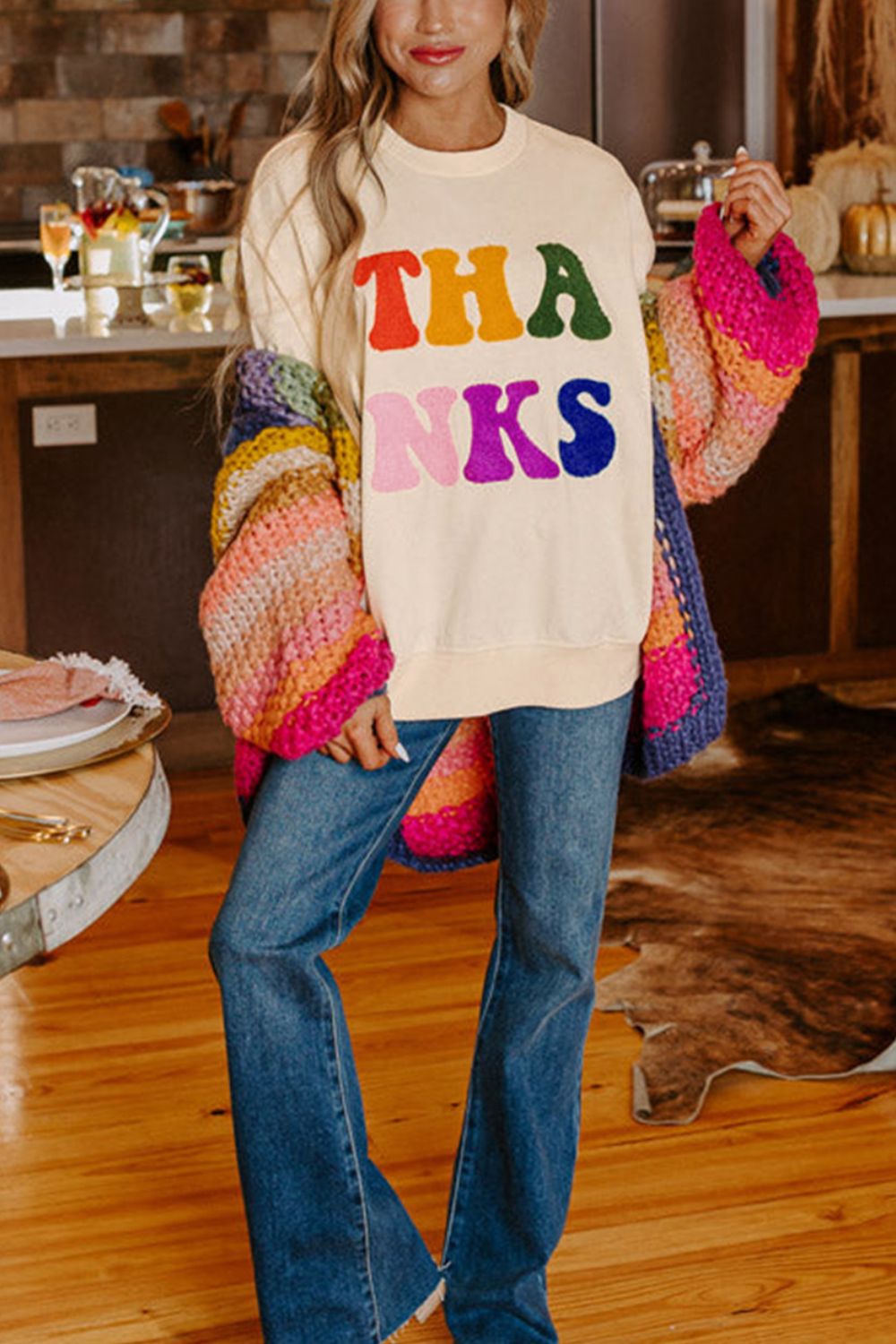 THANKS Round Neck Long Sleeve Sweatshirt - Charming Charlie
