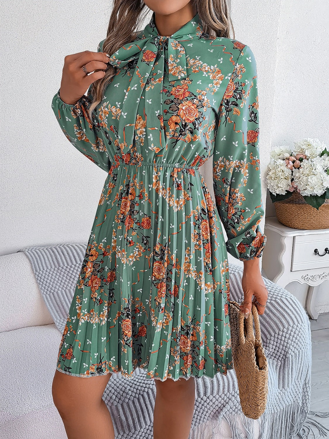 Pleated Printed Tie Neck Long Sleeve Dress - Charming Charlie