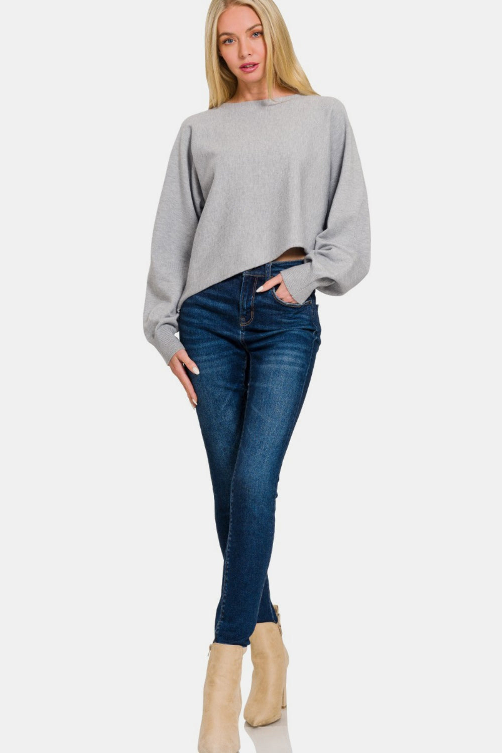 Zenana Asymmetric Hem Long Sleeve Sweater - Charming Charlie