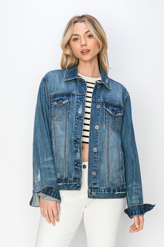 RISEN Full Size Distressed Button Up Jacket - Charming Charlie