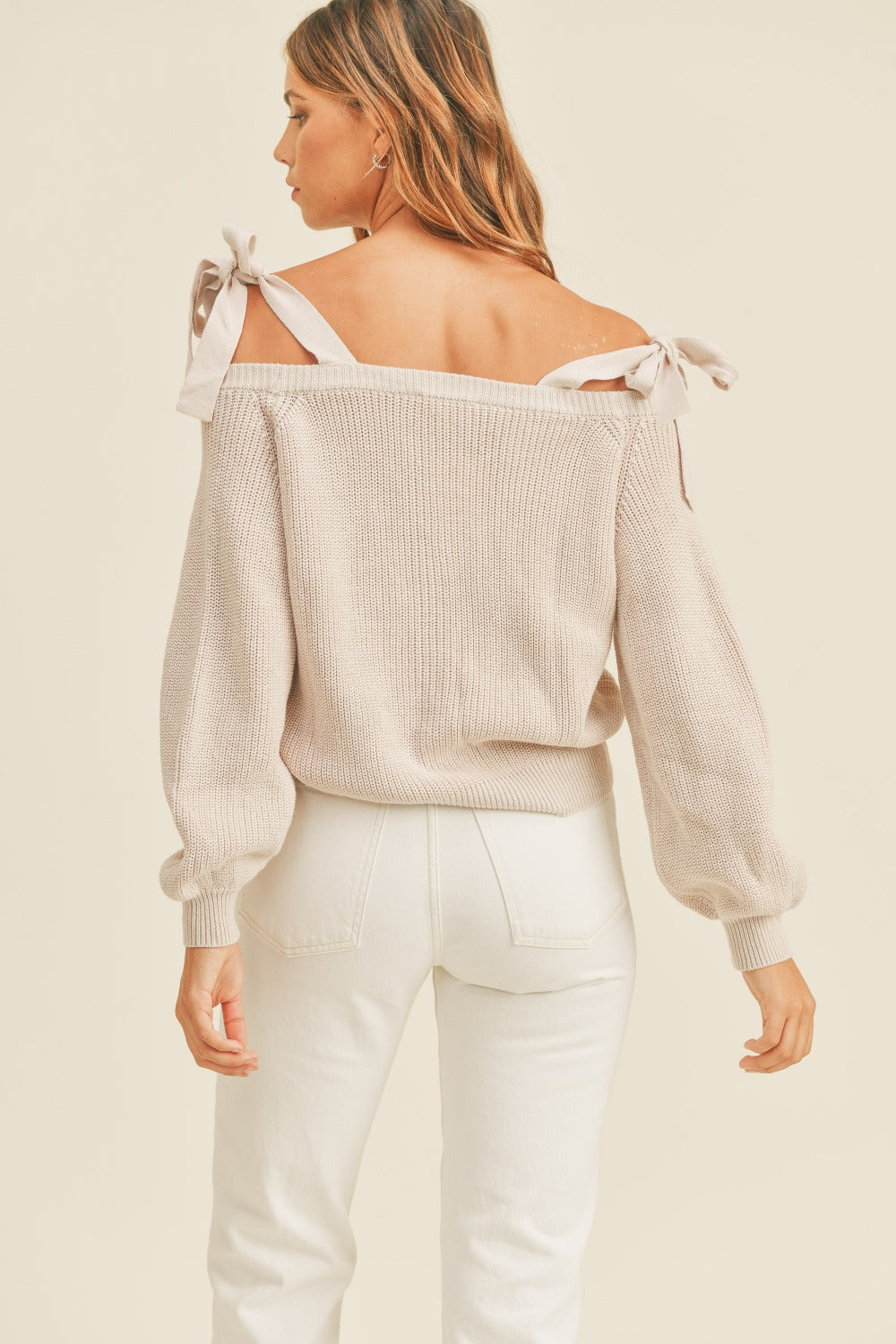 MABLE Off Shoulder Self Tie Strap Button Down Sweater - Charming Charlie