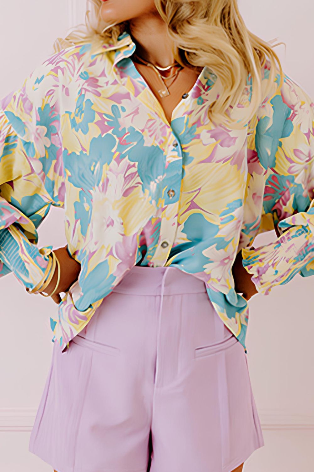 Printed Button Down Lantern Sleeve Shirt - Charming Charlie