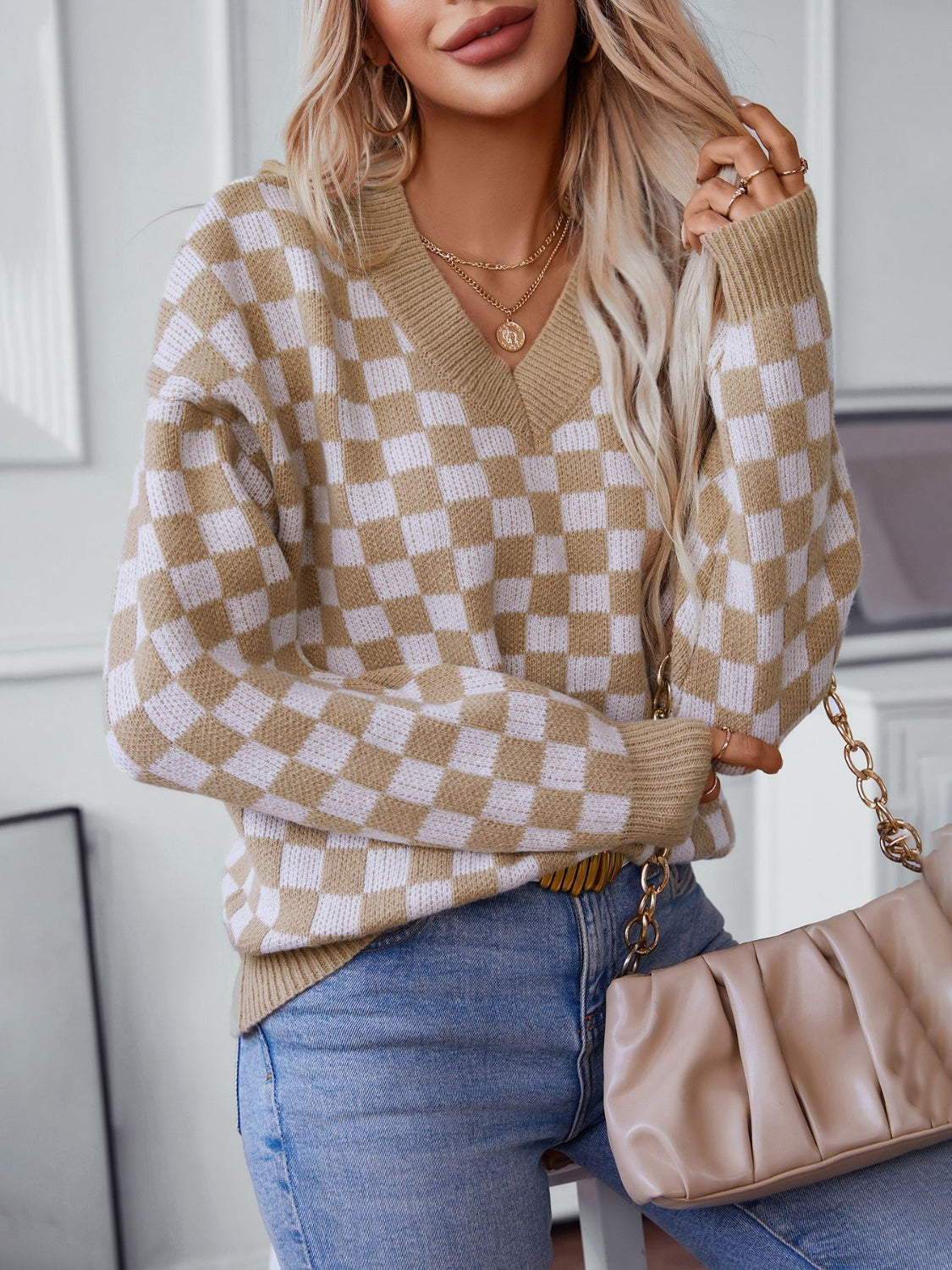 Checkered V-Neck Dropped Shoulder Sweater - Charming Charlie