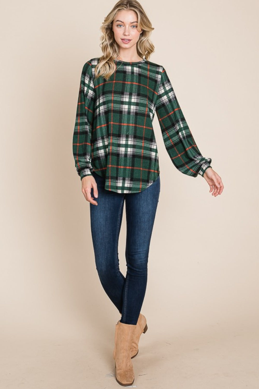 BOMBOM Curved Hem Plaid Round Neck Long Sleeve Top - Charming Charlie