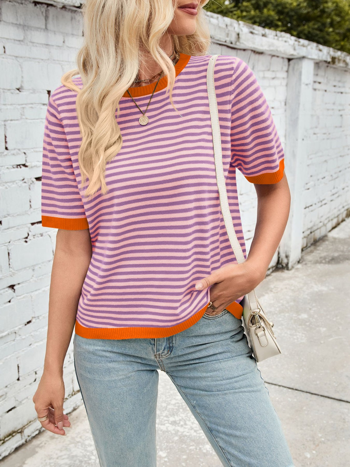 Lovelet Striped Contrast Round Neck Half Sleeve Knit Top - Charming Charlie