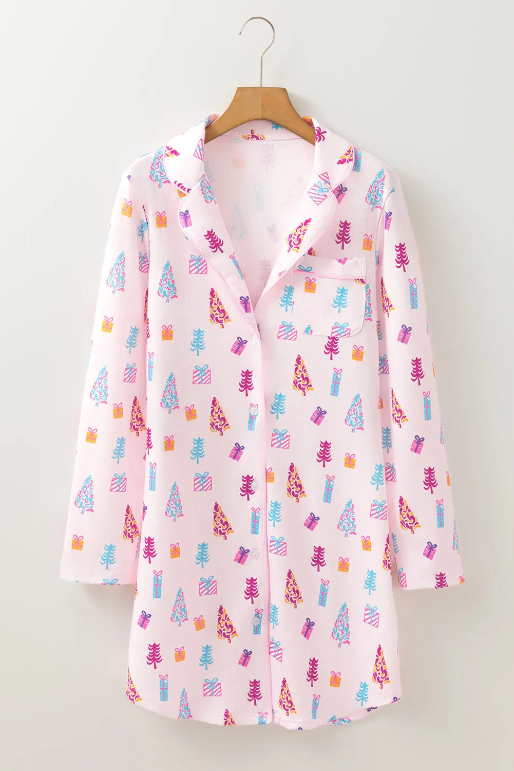 Printed Collared Neck Long Sleeve Lounge Dress - Charming Charlie