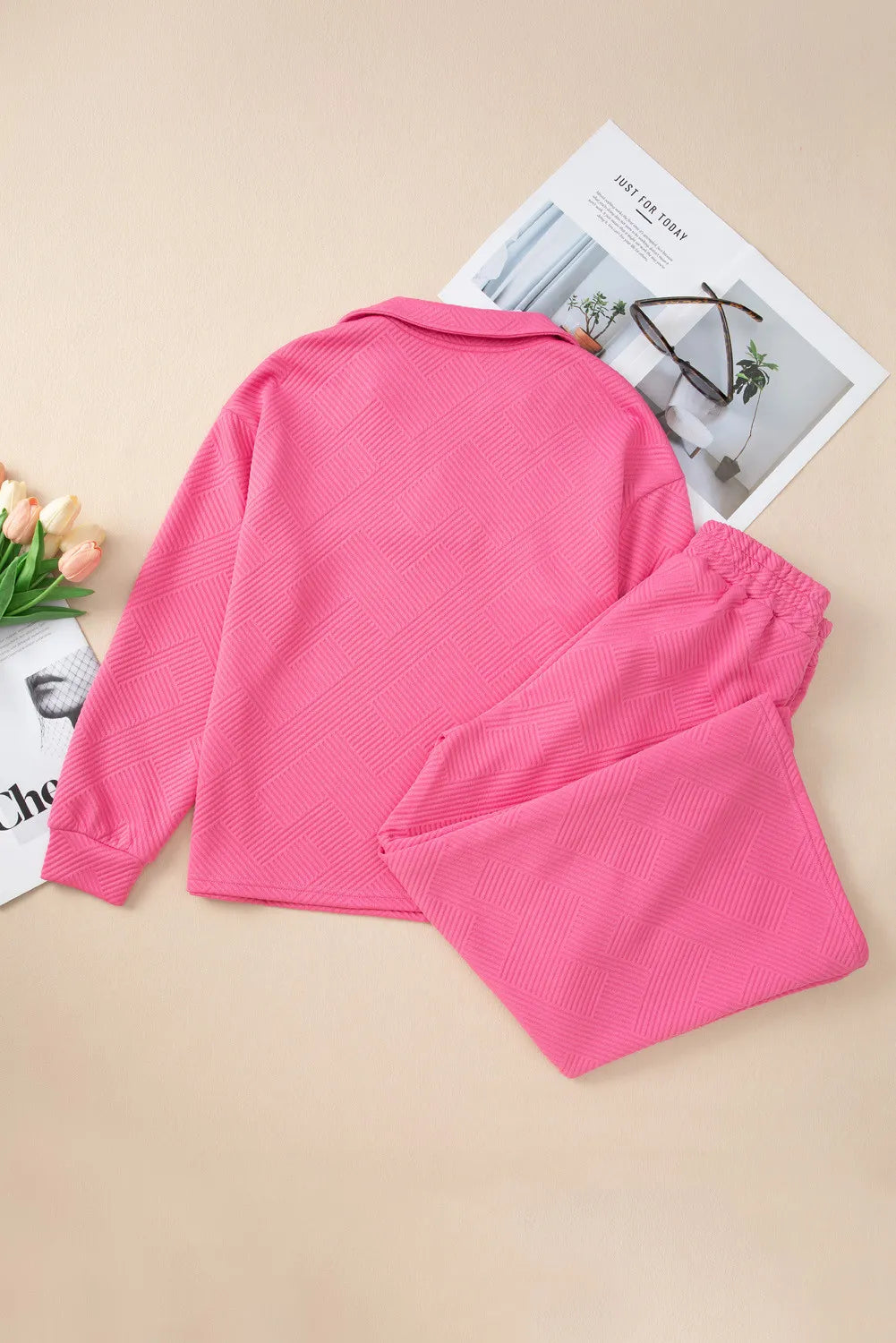 Textured Long Sleeve Top and Drawstring Pants Set - Charming Charlie