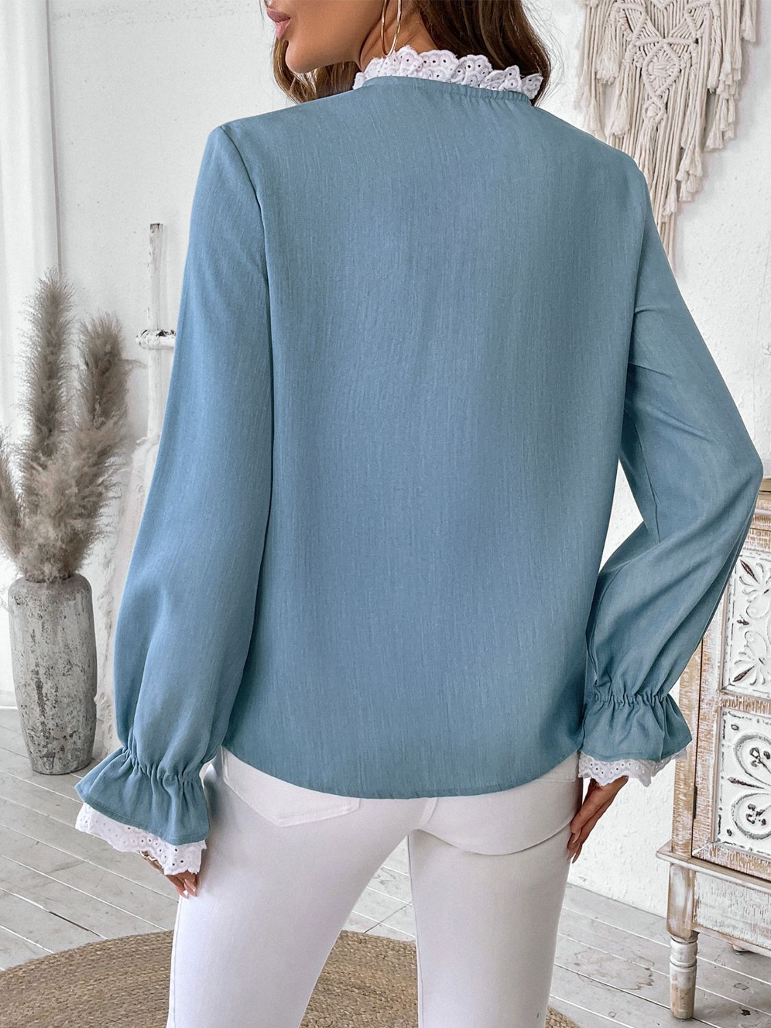 Perfee Lace Detail Button Down Long Sleeve Shirt - Charming Charlie