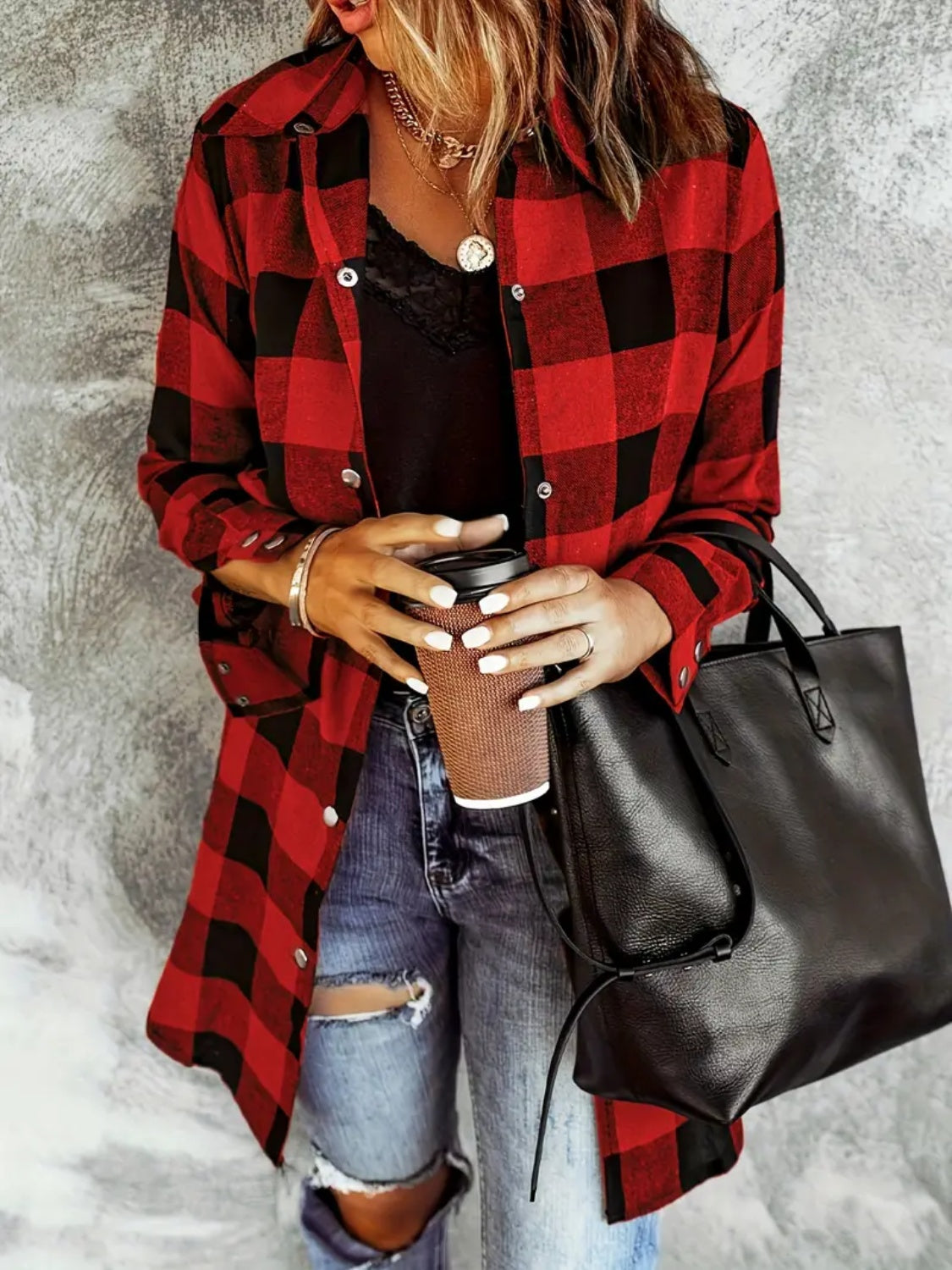 Plaid Collared Neck Snap Down Long Sleeve Jacket - Charming Charlie