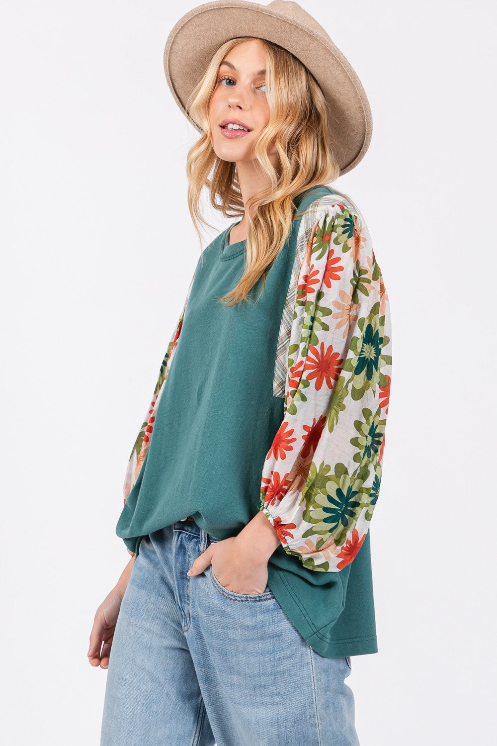 SAGE + FIG Full Size Printed Balloon Sleeve Contrast Top - Charming Charlie
