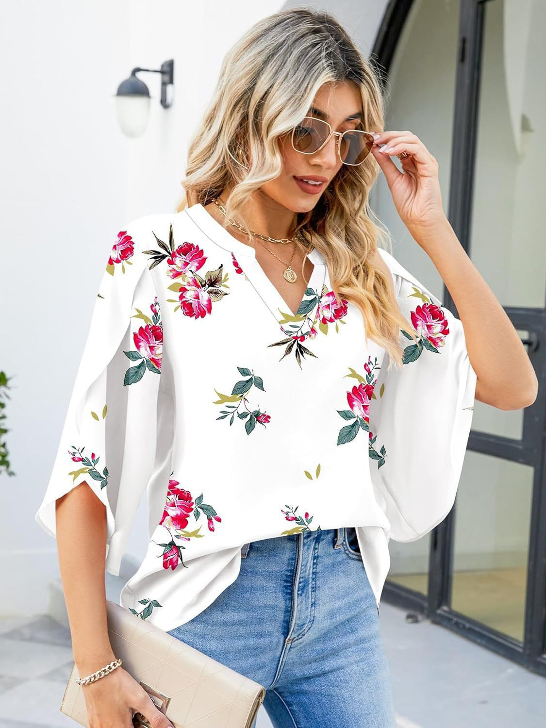 Printed Notched Half Sleeve Blouse - Charming Charlie