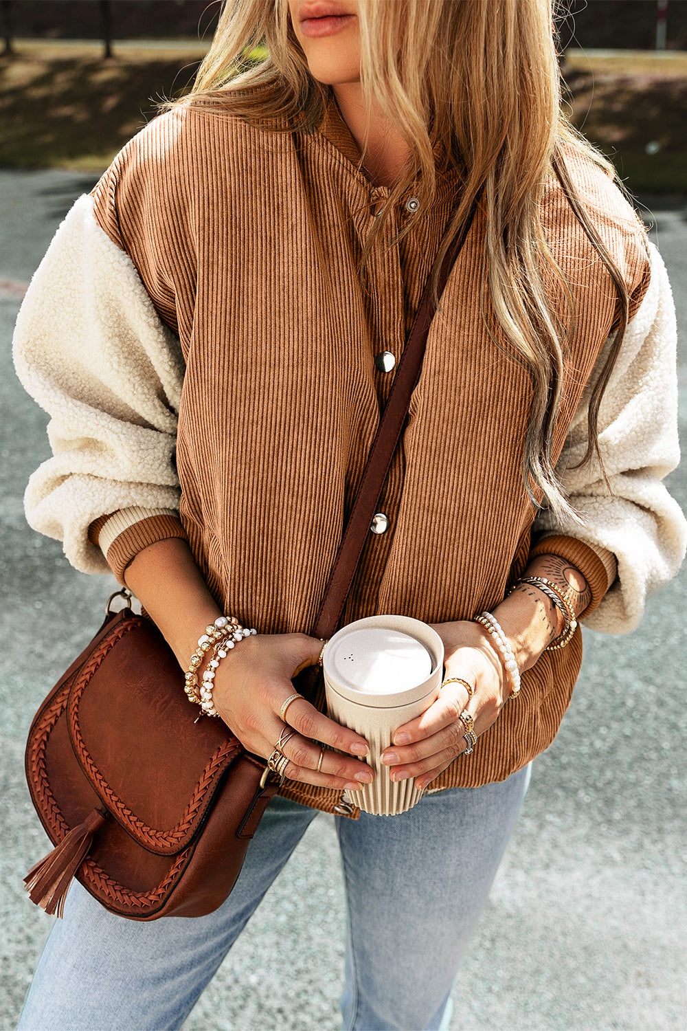 Contrast Baseball Collar Snap Down Long Sleeve Jacket - Charming Charlie