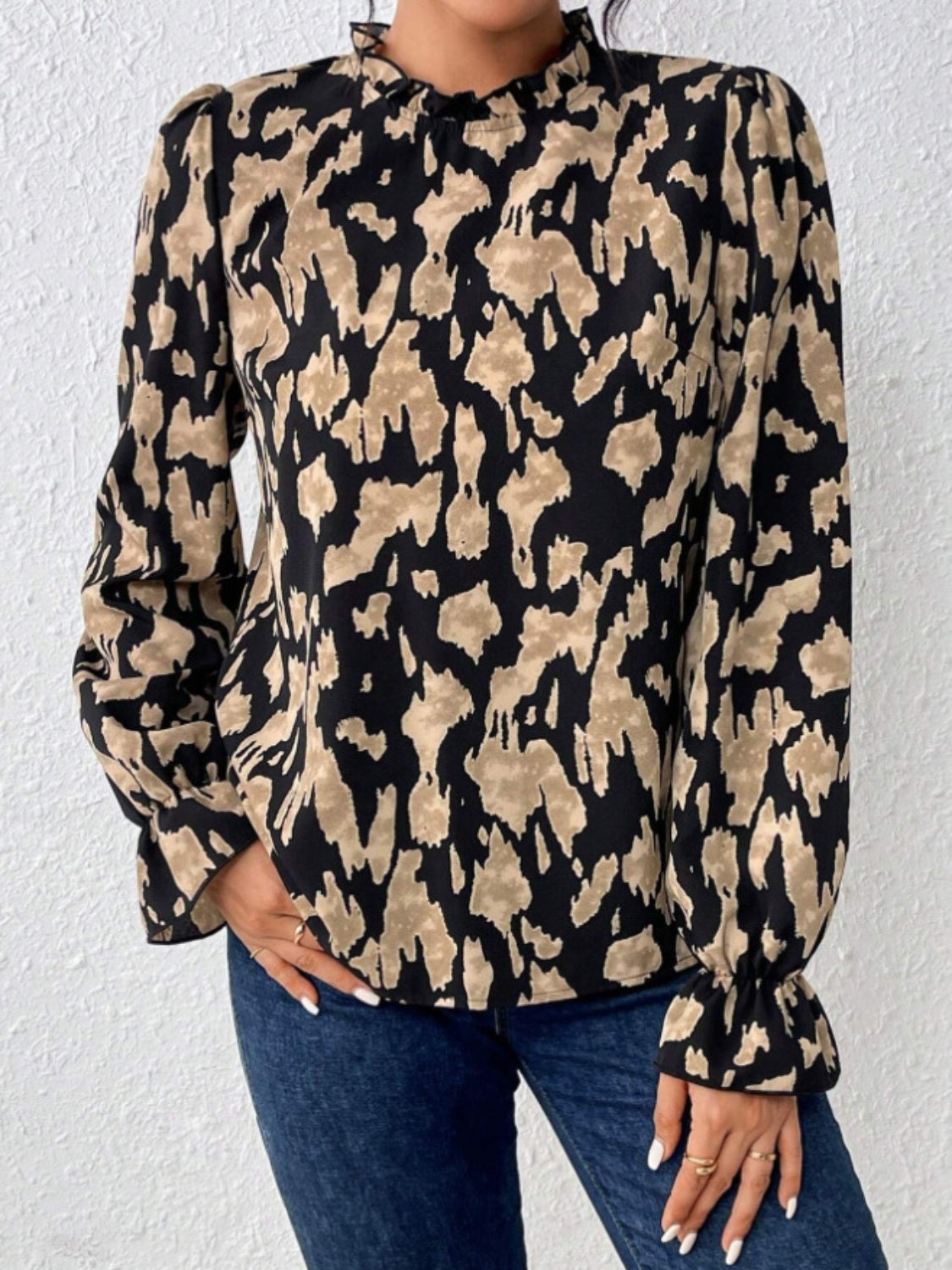 Frill Leopard Mock Neck Flounce Sleeve Blouse - Charming Charlie
