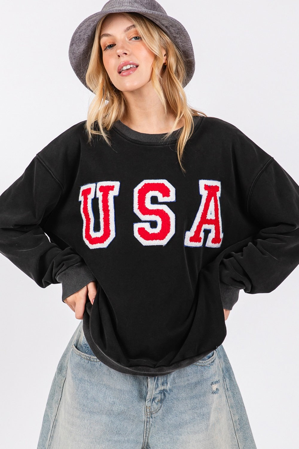 SAGE + FIG USA Letter Patch Round Neck Sweatshirt - Charming Charlie