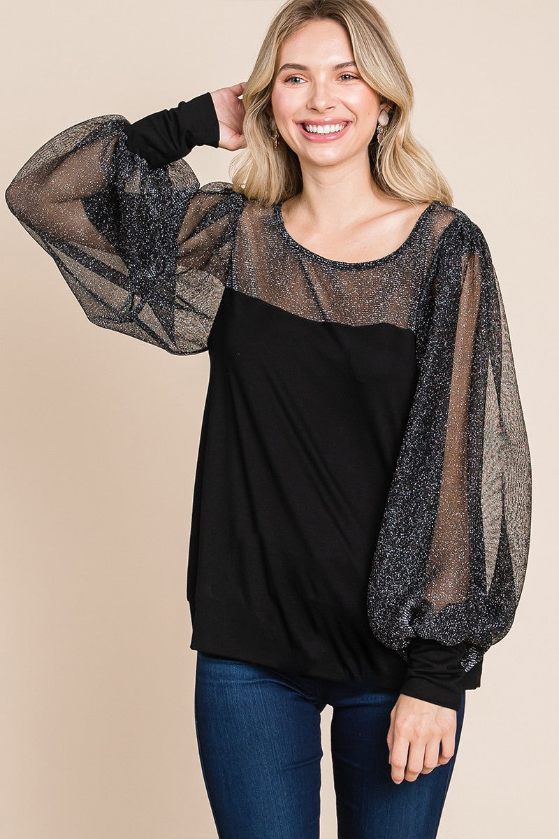Super Lady Full Size Metallic Mesh Lantern Sleeve Blouse - Charming Charlie