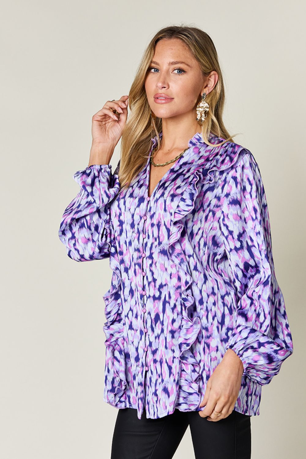 Double Take Full Size Printed Ruffle Trim Balloon Sleeve Shirt - Charming Charlie